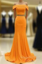 Two Piece Orange Semi Formal Prom Dresses Mermaid Off Shoulder